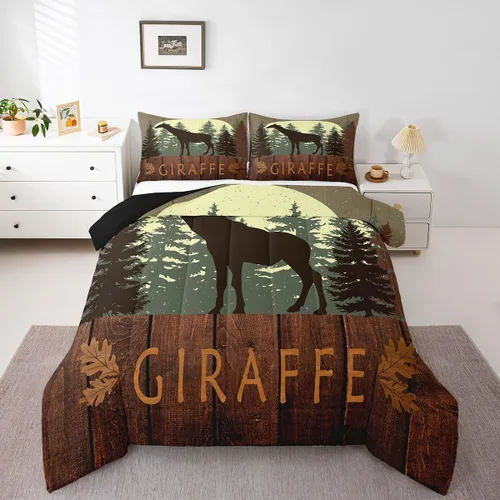 Vista 2 de Castle Fairy Cute Giraffe Bedding Set Twin Size 2 Pcs,Lodge Cabin Jungle Rustic Style Comforter Set for Kids Teens Adults,Wild Animal Pine Trees