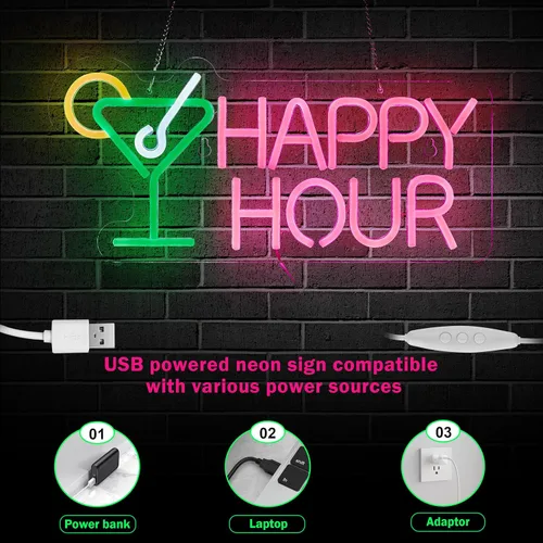 Vista 5 de Letrero de neón de barra de Happy Hour para decoración de pared con interruptor regulable, letrero de neón LED Happy Hour para dormitorio, cerveza