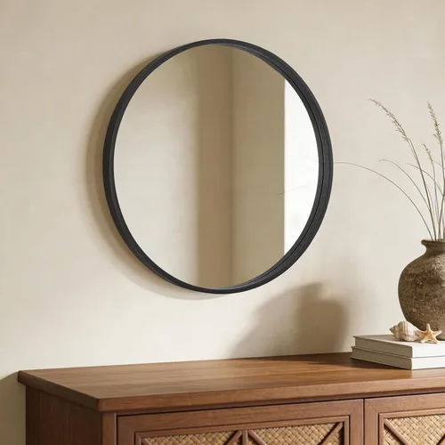 Vista 3 de WallBeyond Espejo redondo negro de madera de 24 pulgadas, espejo de pared circular para baño, espejo de pared redondo para decoración de pared