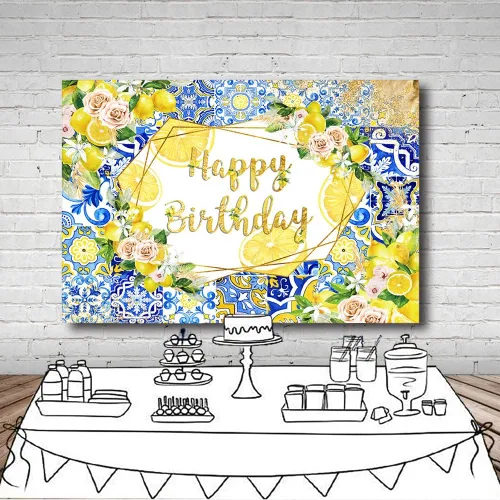 Vista 4 de MEHOFOND Telón de fondo de limón con diseño de feliz cumpleaños, azulejos azules, fondo mediterráneo de Marruecos, decoración de fiesta