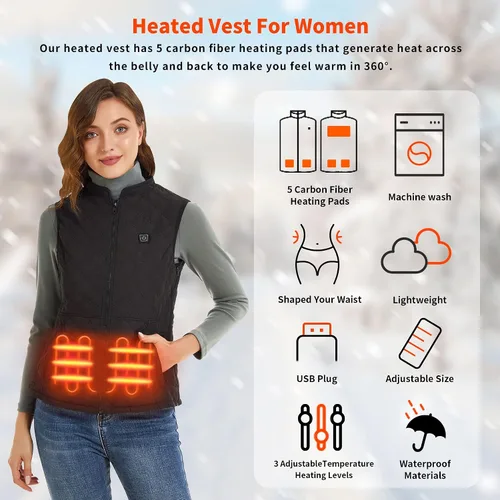 Vista 2 de duo-nattern Heated Vest For Women USB Rechargeable Washable Heated Vest Black Skiing Camping Hiking