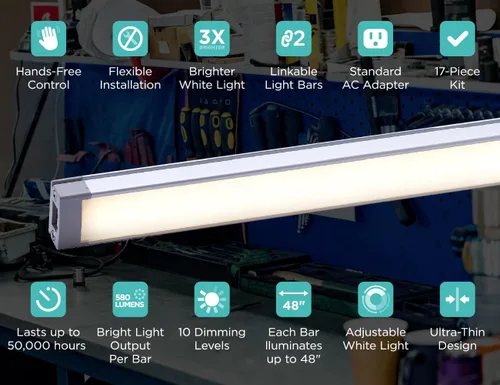 Vista 6 de Black+Decker - Kit de luz LED para debajo del gabinete, sensor de movimiento, regulable, enlazable, 3 ajustes de color, sin herramientas, luz
