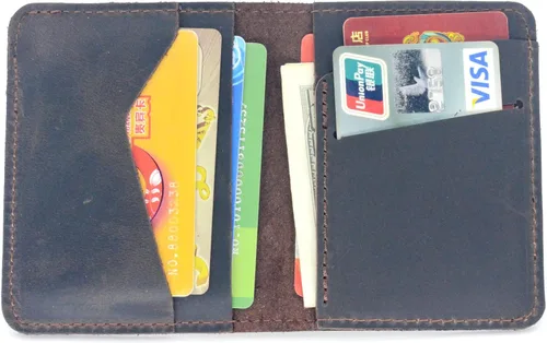 Vista 8 de Cartera minimalista hecha a mano de cuero envejecido para hombres tarjetero para regalos flores marrones