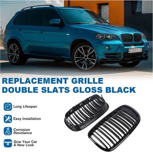 Vista 2 de Parrilla de riñón para parachoques delantero, color negro brillante, compatible con BMW X5 E70 X6 E71 2007-2014 doble listón doble línea