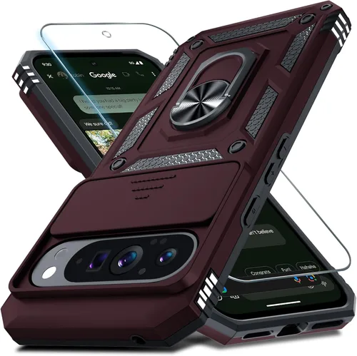 Vista 35 de Janmitta - Funda compatible con Google Pixel 9 Pro XL con cubierta deslizante para lente de cámara incorporada + protector de pantalla + soporte