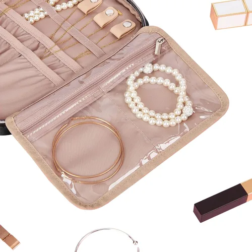 Vista 7 de BELALIFE Organizador de joyas de viaje, estuche portátil de almacenamiento de joyas para aretes, anillos, collares, pulseras, color negro