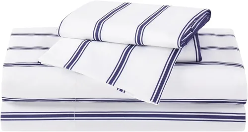 Vista 3 de TRULY SOFT Ticking Stripe - Juego de sábanas Queen de poliéster de 4 piezas, color blanco y azul marino, con temática de rayas, para hombres y Azul