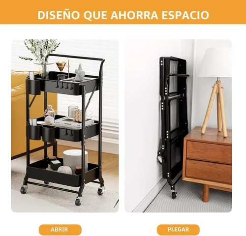 Vista 4 de Carrito plegable de 3 niveles con ruedas, carrito de utilidad plegable organizador, carrito de almacenamiento plegable con 3 tazas colgantes y 6