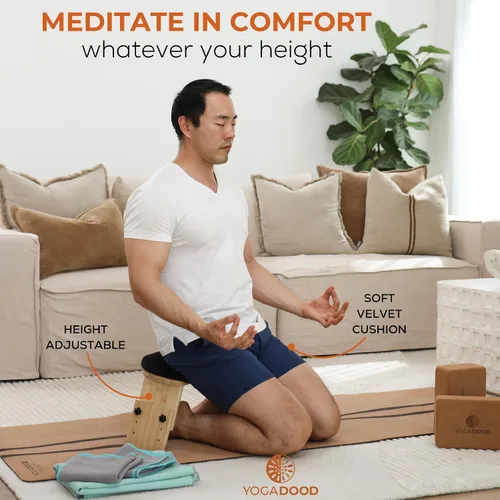 Vista 2 de Yoga Dood Zen+ Adjustable Meditation Bench – 3-Level Height Kneeling Bench for Zazen & Prayer – Ergonomic 5° Tilt, Foldable Solid Bamboo with