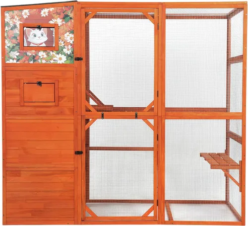 Vista 10 de COZIWOW Catio grande de madera para gatos, recinto al aire libre con techo resistente a la intemperie, 2 salas de descanso, 2 plataformas, corralito