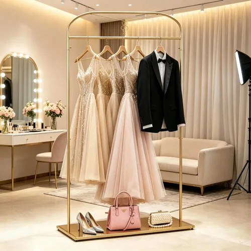 Vista 9 de 91" estante alto de la ropa del oro con los estantes, estante largo del vestido de la ejecución Estantes de ropa nupcial, organizador para tienda