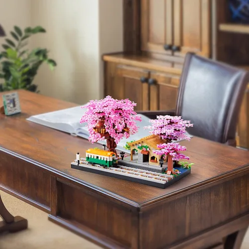 Vista 5 de Juego de bloques de construcción de micro bloques de construcción japoneses de cerezo en flor para adultos, modelo de mini ladrillos, casa