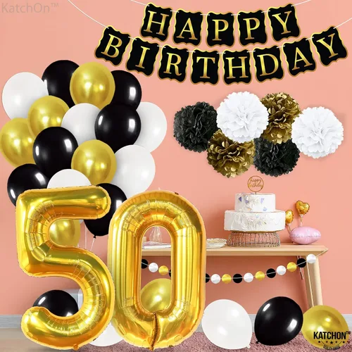 Vista 3 de KatchOn, Juego de decoración de feliz cumpleaños número 50, paquete de 48, globos dorados del número 50 de 40 pulgadas, pancarta de feliz cumpleaños