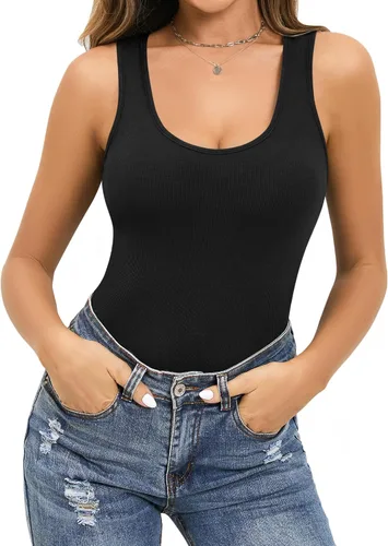 Vista 2 de MANGOPOP Tank Top Scoop Neck Bodysuits for Women Sleeveless Racerback Ribbed Basic Bodysuit