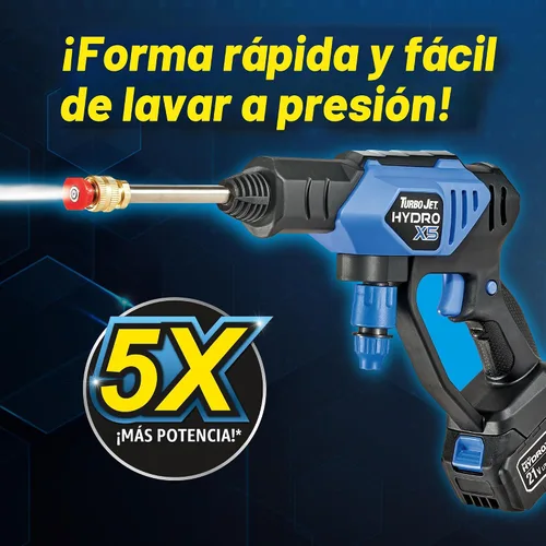 Vista 3 de Ontel Turbo Jet HydroX5 Pro Lavadora a presión inalámbrica portátil (batería de 21 V 3000 mAh), boquilla 6 en 1, fuente de agua doble, manguera