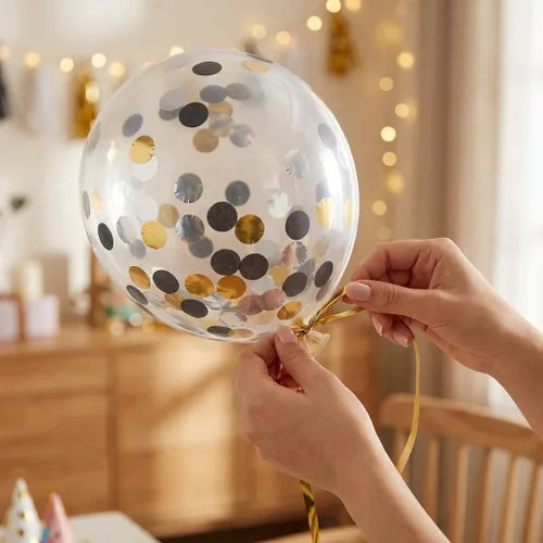 Vista 7 de Globos de látex de confeti, color negro transparente, dorado plateado de 12 Negro y plateado
