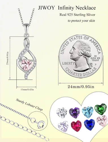 Vista 5 de JIWOY Collar infinito de plata de ley con colgante de piedra de corazón y piedra natal para mujer