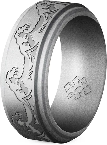 Vista 35 de Knot Theory Anillo de silicona para hombre, grabado de montaña, ondas, bosque, ancho de banda de 0.315 pulgadas, transpirable, ajuste cómodo