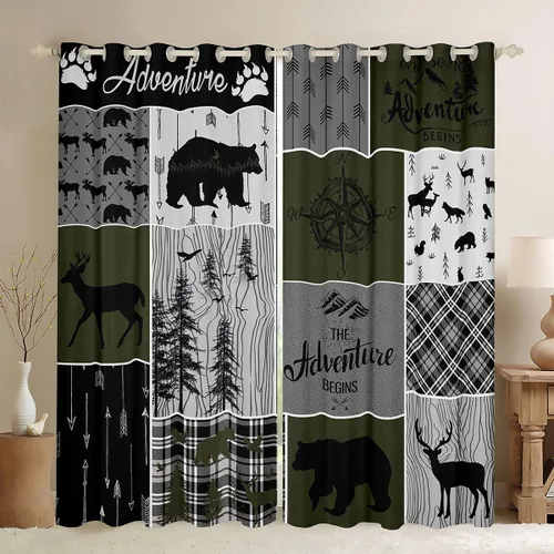 Vista 10 de Cortinas rústicas retro de cabaña, cortinas opacas de oso ciervo, 38 pulgadas de ancho x 45 pulgadas de largo, 2 paneles, cortinas de caza