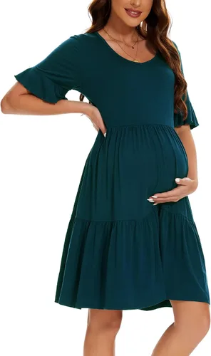 Vista 13 de Smallshow Vestido de maternidad para mujer, con volantes, manga corta, ropa de embarazo de verano Verde militar
