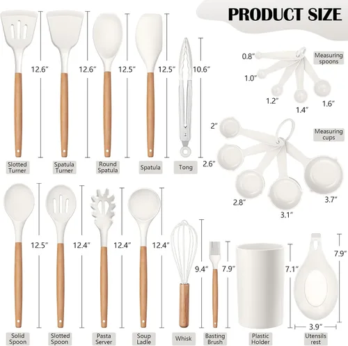 Vista 9 de Juego de utensilios de cocina HaWare, juego de espátulas de silicona de 23 piezas con soporte, utensilio de cocina con mango de madera resistente al