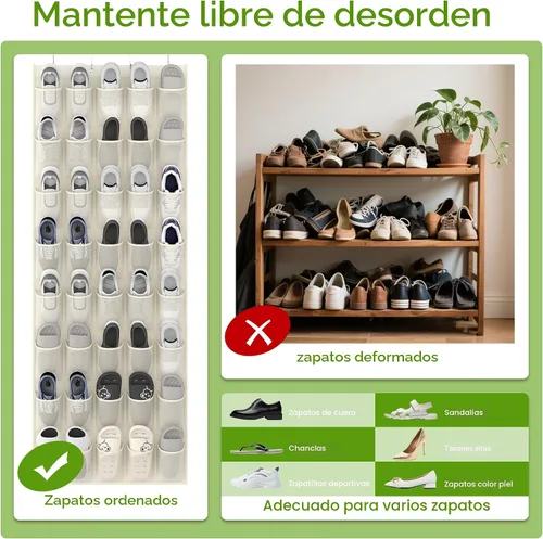 Vista 6 de Organizador de zapatos colgante sobre la puerta con 40 bolsillos grandes de malla transpirable, soporte de zapatos que ahorra espacio, estante