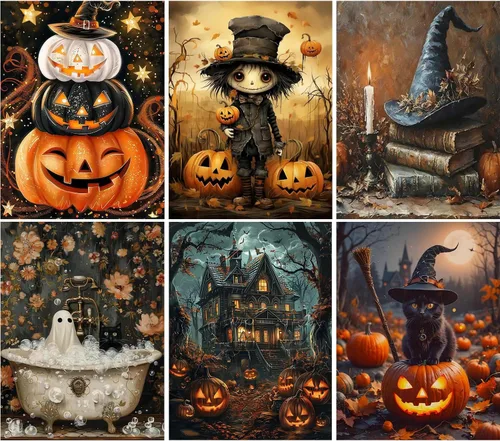 Vista 10 de GOUOYANA Paquete de 6 kits de pintura de diamantes de Halloween para adultos, kits de pintura de diamante fantasma para principiantes, 5D Halloween
