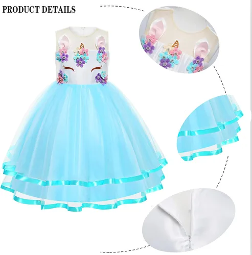 Vista 4 de Vestido largo de unicornio para niñas disfraz de concurso fiesta de princesa cumpleaños vestido largo