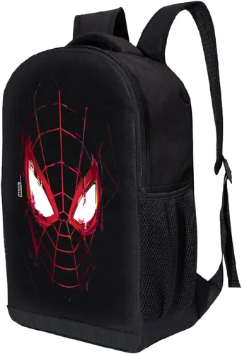 Vista 2 de Marvel Mochila de Spiderman de Cómics, bolsa acolchada de malla negra de 16 pulgadas con texto en inglés "Into The Spider-Verse", Millas Morales 1