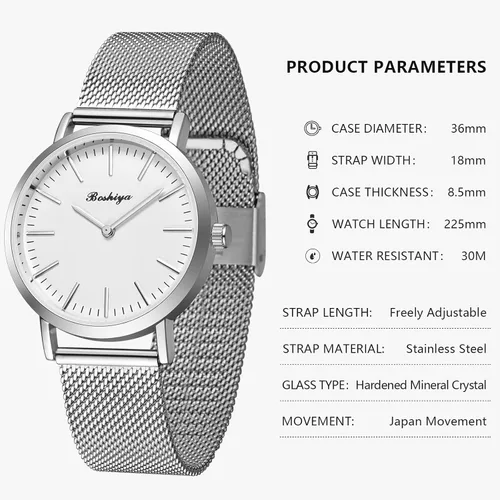 Vista 5 de BOSHIYA Reloj con banda elástica para mujer Easy Reader de 1.181 in analógico de cuarzo con correa elástica de acero inoxidable, impermeable, reloj