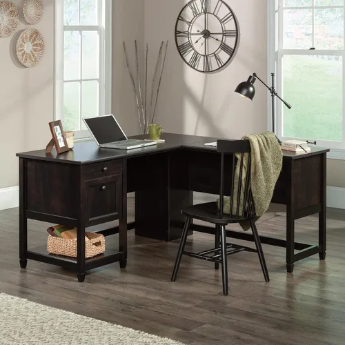 Vista 2 de Sauder Edge Water - Escritorio esquinero en forma de L con cajones de almacenamiento y estante abierto, en color negro