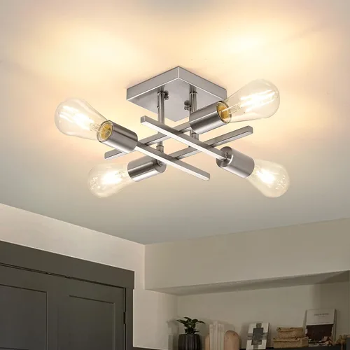 Vista 9 de Lámpara industrial de techo semiempotrada de 4 luces, lámpara de araña negra de granja, moderna lámpara de techo Sputnik con base E26 para cocina