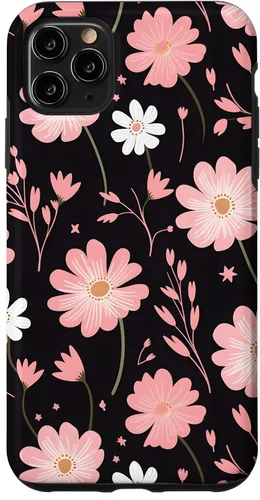 Vista 11 de iPhone 14 elegante flores rosas sobre un fondo negro patrón floral caso