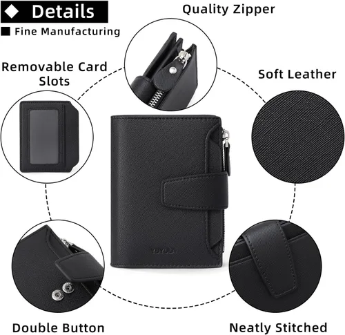 Vista 5 de Cartera pequeña de cuero para mujer, con bloqueo RFID, tarjetero de lujo con bolsillo para monedas, ventana de identificación, Negro -, Elegancia