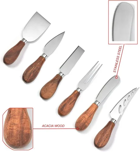 Vista 6 de Exquisito juego de cuchillos de queso de 6 piezas, colección de cuchillos de queso de acero inoxidable (mango de madera de acacia)
