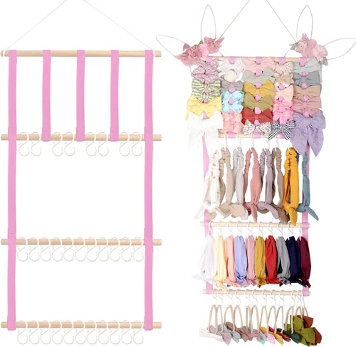 Vista 14 de POVETIRE Organizador de lazos para el pelo con soporte para diadema para niñas, organizador de almacenamiento para diademas y accesorios para bebé