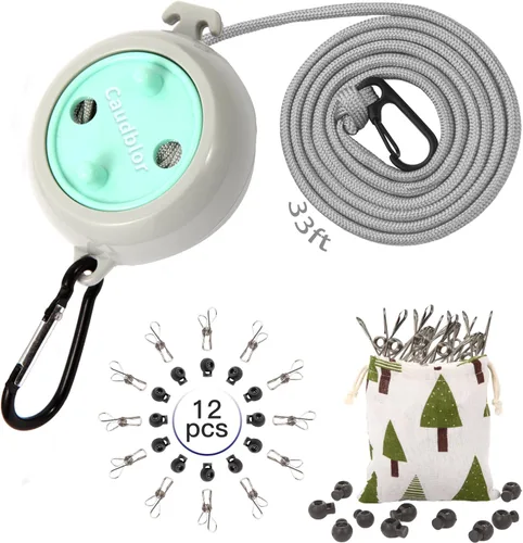 Vista 12 de Tendedero portátil de viaje, línea de ropa de camping de 33 pies con pinzas
