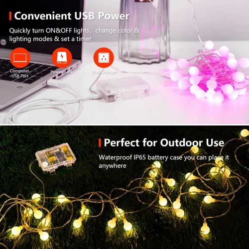 Vista 3 de OMIKA Guirnalda de luces de 20 pies, 40 LED de 24 colores cambiantes, funciona con pilas, luces de Navidad alimentadas por USB, cadena de luces