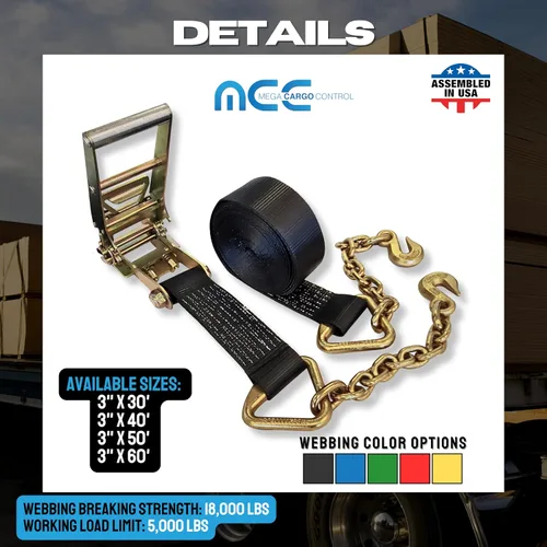 Vista 7 de Mega Cargo Control Correas de trinquete de 3 pulgadas x 30 pies con ganchos de agarre y extremo de cadena, correas de anclaje negras - 1 paquete