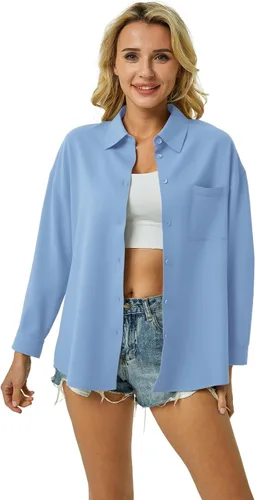 Vista 2 de Camisa de vestir con botones para mujer, blusas de manga larga, elásticas, casuales, para trabajo, con bolsillos