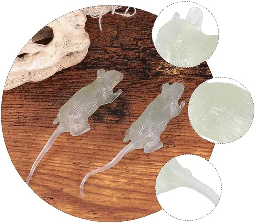 Vista 4 de NUOBESTY 20 ratones falsos que brillan en la oscuridad, ratones de plástico realistas, ratones falsos luminosos, ratas espeluznantes para Halloween