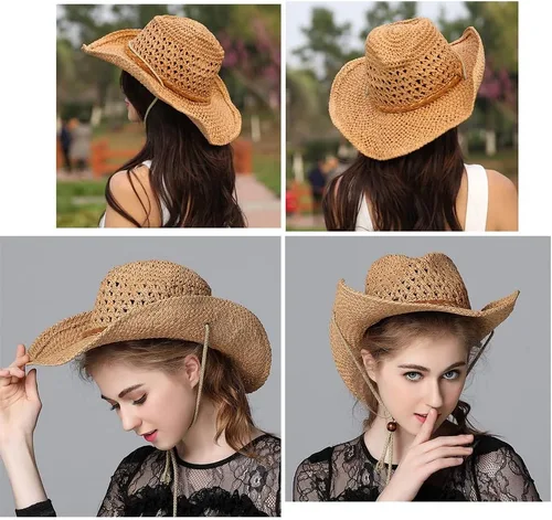 Vista 6 de Sombrero de vaquero de paja sombrero de sol vaquera de verano Panamá con correa para la barbilla hombres mujeres sombrero viaje al aire libre