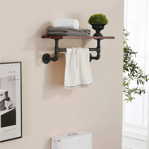 Vista 8 de ivinta HG311 - Estantería flotante de pared industrial de 1 nivel con toallero y tubo de metal para baño, sala de estar, HG311 (marrón rústico)
