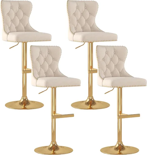 Vista 18 de Juego de 2 taburetes de bar, taburetes giratorios de terciopelo con respaldo copetudo, asiento ajustable con ribete de cabezas de clavos, sillas