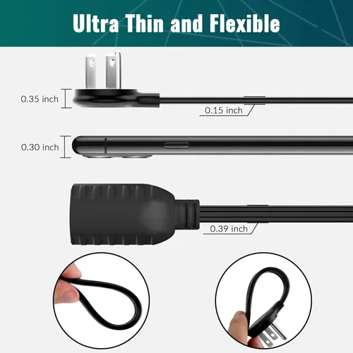 Vista 2 de Elecan Cable de extensión de enchufe plano de 12 pies con diseño de enchufe delgado que ahorra espacio, cable plano delgado de bajo perfil, cable