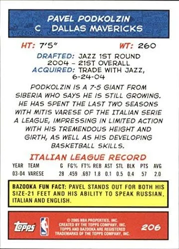 Vista 2 de 2004-05 Bazooka #206 Pavel Podkolzin RC NBA Basketball Trading Card