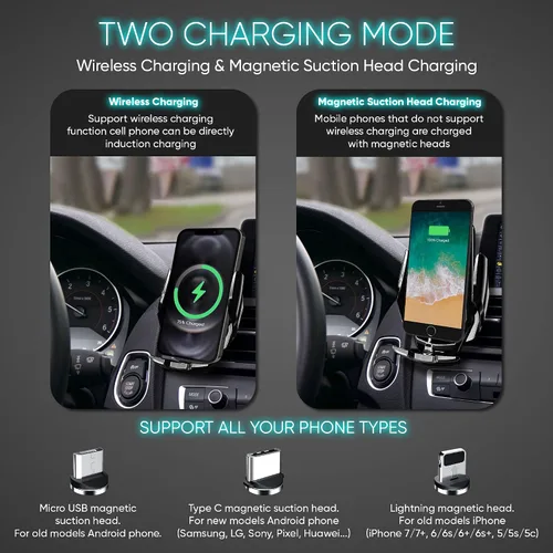 Vista 3 de Cargador inalámbrico de coche de 15 W - zicBee Qi soporte de teléfono de sujeción automática de carga rápida para iPhone 15 14 13 12 11