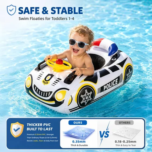Vista 4 de Flotador de piscina para niños pequeños con volante, flotador de piscina para bebés sin giro con asiento y respaldo, PVC grueso inflable de policía