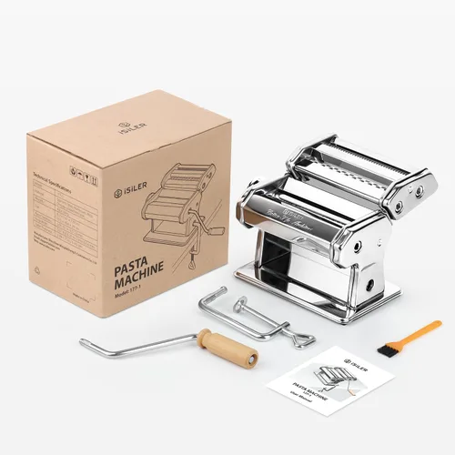 Vista 9 de ISILER Máquina para hacer pasta, 9 ajustes de grosor ajustables, máquina de pasta 2 en 1 con rodillos y cortador, fabricante de fideos para piel