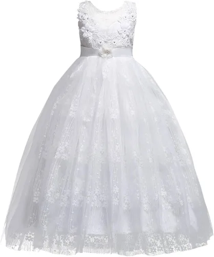 Vista 3 de Vestido maxi de tul para niñas con tutú y flores de encaje, largo hasta el piso, para boda, dama de honor, fiestas